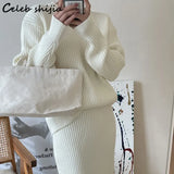 Sweater and High Waist Skirt Women Winter Thicken Knitted 2 Piece Sets Korean Apricot Elegant Woolen Two Piece Sets