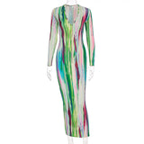 hirigin Tie Dye Stripe Print Sexy Maxi Dress Women Autumn Fashion Vestidos Night Club Party Long Sleeve Bodycon