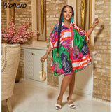 Casual Loose Printed Shirt Dress Women Fashion Print Bat Sleeve Button Shirt Mini Dress Women-Outfit