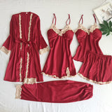 Pyjamas Set Women Satin Lace Nightwear Navy Blue V-Neck Pajamas Suit Spring Sleepwear Silky Sleep Wear Home