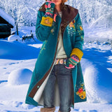 Warm Woolen Coat 2020 Winter Vintage Print Hooded Long Coat Casual Turn Down Collar Button Fleece Female Cardigan