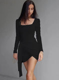 Long Sleeve U Square Neck Irregular Slim Solid Color Mini Club