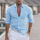 New Men's Summer Cotton-Blind Beach Shirt Long Sleeves Solid Hawaiian Holiday