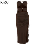 Kliou Draw String Maxi Dress Women Sexy Slash Neck Backless Bodycon Vestido Hot Female Body-shaping Streetwear Summer
