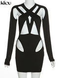 Kliou Sexy Hollow Out Mini Dress Women Solid Unique Design Long Sleeve Backless Body-Shaping Cleavage Hip Skirt Female