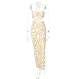 2021 Leopard Print Halter Strap Maxi Dress Hollow Out Backless Bodycon Sexy Party Elegant Club Slim Y2K Robe