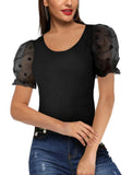 Sweet U-Neck Puff Sleeve Dot Print Regular