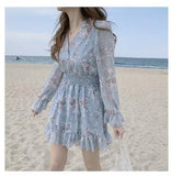 Cute Mini Dresses Party Date Wear Woman Long Sleeve Korea Japan Ruffled Sweet Girls Little Floral Chiffon Dress