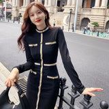 Autumn Vintage Female Stretch Midi Party Dress Ladies Elegant Streetwear Long Sleeve Bodycon Button Black