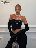 Diamond Patchwork Women Long Gloves Sleeve Off Shoulder Crop Tube Top Bodycon Sexy Party Elegant Evening 2021