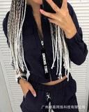Women Fashion Casual Autumn Winter 2pcs Clothes Set Pockets Zipper Long Sleeve Top Elastic Waist Pants Cargo Solid Color-Outfit