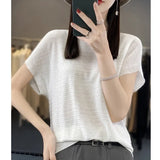 Woherb Line Of Clothing Worsted Short Sleeve Female Round Collar Loose Thin Bat Sleeve Vest Shirt Hollow Out Outside The Hair-Outfit