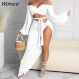 Pieces Sets Sexy & Club Women Off Shoulder Top & Slit Bodycon Skirts-Outfit
