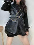 Minimalist Patchwork Pockets Jacket For Women Lapel Long Sleeve Solid PU Leather Slim Autumn Jackets 2021