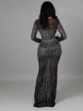 Sexy Black Rhinestone Beaded Sheer Mesh O-neck Fur Trim Long Sleeve Mermaid Evening