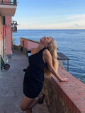 Solid Asymmetric Bow Tie Women's Mini Dress Slim Fitting Diagonal Collar Sleeveless Dresses 2023 Summer Lady Party Vestidos-Outfit