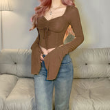Woherb 2023 New Women's Solid Color Irregular Sleeve Drawn Pleated Rope Fish Bone Waist Exposed Umbilical T-Shirt-Outfit