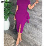 Women Summer Two Piece Elegant Dress Suits Short Sleeve Crop Top & Bodycon Midi Skirt Set-Outfit