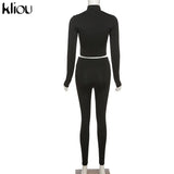 Kliou Solid Simple Two Piece Set Women Sheath Slim Casual Sporty Long Sleeve Zipper Top+Body-Shaping Female Activewear