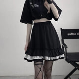 Gothic Women Japan Mini Skirt High Waist Jk A Line Sexy Lace Patchwork Girls Skirts Fashion Ruffles Club Black Faldas