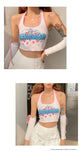 Harajuku Chic Vest Sweetheart Girl Lace Hanging Neck Suspender Sleeves Love Print Cute Kawaii Female All-match Tank Crop