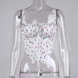 hirigin Floral Cami Top Women Sweet Print Hollow Up Tie Up Sexy Crop Top Summer Sleeveless Ruched Boning Bustier Casual Tank