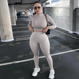 hirigin Women Two Pieces Set Fall Autumn Yoga Suit Sets Long Sleeve T-shirt Crop Tops High Waist Leggings Gym Workout
