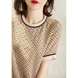 Sleeve Women's Shirt Vintage Square Plaid Tops Printed Ice Silk Shirt New Summer Blouse Ribbed Elegant Women Blouses 18852-Outfit