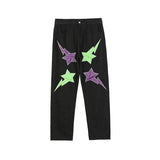 Street Stars Letter Embroidery Denim Pants Mens and Womens Washed Retro Straight Jeans Hip Hop Casual