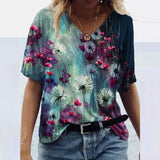 3D Floral Print T-shirts Women Fashion Short Sleeve Loose Tops Casual V-neck High Street Tee Plus Size Top
