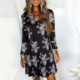 Autumn O Neck Hollow Out Fashion Print Loose Casual Midi Dresses Women Long Sleeve Elegant Dress Vestidos De Fiesta Robe-Outfit