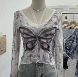 Shot Micro-Permeable Mesh Butterfly Print Splicing Lace Hanging Neck Horn Long-Sleeved T-Shirt Repair Short Top
