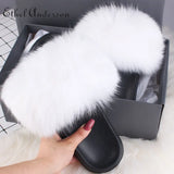 ANERSON Real Fox Raccoon Fur Slippers for Women Fur Slides Flip Flops Beach Plush Fluffy Furry Designer Slippers