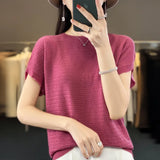 Woherb Line Of Clothing Worsted Short Sleeve Female Round Collar Loose Thin Bat Sleeve Vest Shirt Hollow Out Outside The Hair-Outfit