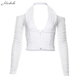 Sexy Solid Strapless Halter Crop Top Mesh Fabric V Neck Long Sleeve Patchwork T-Shirt Woman Casual Streetwear