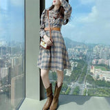Autumn Elegant Fashion Stand Collar Vintage Plaid Ruffles Dresses Female Waist Belt Robe Long Sleeve Sweet Dress Vestidos-Outfit