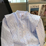 Casual Style Stand Collar Long Sleeve Polka Dot Blouses Top 2023 Summer Women High Street Single Breasted Loose Shirts-Outfit