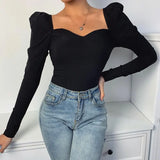 Elegant Puff Sleeve Solid Black Blouse Long Sleeve Autumn Square Neck Slim Sexy Top Ladies Casual Vintage Blouse