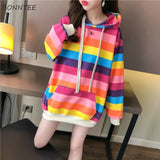 Women Leisure Rainbow Trendy All-match Hooded Korean Style Long Sleeve Striped Harajuku Young Ladies Fashion Soft