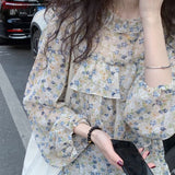 Women Summer Floral Pattern Thin Cool Clothing Female Casual Classy Full Sleeve Ruffled Retro Teens Chiffon Tops Ins