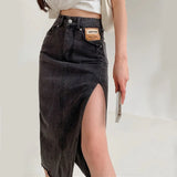 Slit Women Denim Skirt High Waist Summer Tassel Loose A Line Jeans Long Skirt Causal Korean Black Fashion Cotton