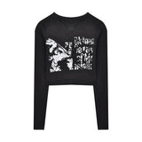 Knitted Crop Top Vintage Aesthetic Letter Printed Long Sleeve T-Shirts Sexy Slim Fit Tee Tops Y2K Korean Chic