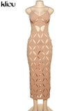 Kliou Unique Style Geometric Maxi Dress Women Elegant Spaghetti Strap Cleavage Backless Hollow Out Robe High Street Lady