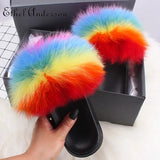 ANERSON Real Fox Raccoon Fur Slippers for Women Fur Slides Flip Flops Beach Plush Fluffy Furry Designer Slippers