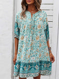 Bohemian Women Mini Dress Casual A-line Short Dress2022 Summer Floral Printed Half Sleeve Lace Up O Neck Party