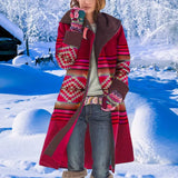 Warm Woolen Coat 2020 Winter Vintage Print Hooded Long Coat Casual Turn Down Collar Button Fleece Female Cardigan