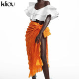 Kliou Pleated Woven Skirt For Women Harajuku Sexy Oversized Casual Clothing Irregular Shape Side Lace Casualwear Female