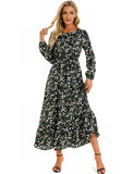 Autumn New Bohemian Floral Print Long Sleeve Waist Dress Women O Neck Loose Casual Beach Vestidos Holiday Robe Dresses-Outfit