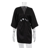 Woherb Wind 2024 Summer New White Satin Deep V-Neck Hollow Kink Seven Minute Sleeve Tight Dress-Outfit