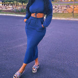 Women Casual Two Piece Solid Dress Suits Long Sleeve Drawstring Crop Top & Maxi Skirt Set-Outfit
